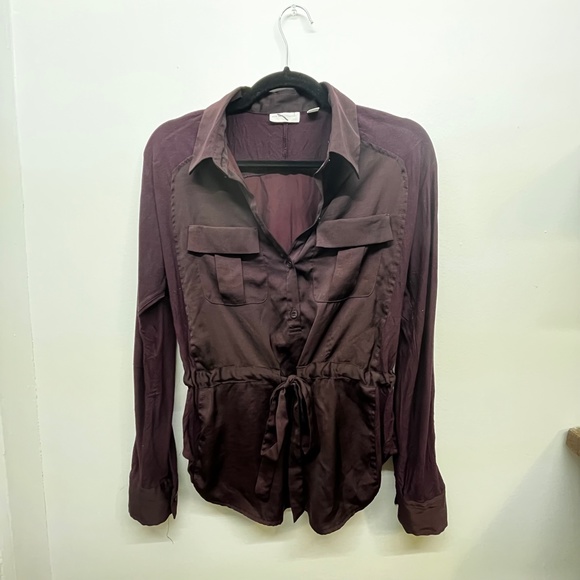 New York & Company Purple Mixed Media Roll Tab Blouse - Picture 5 of 5